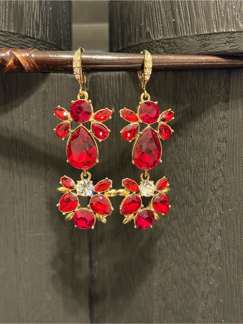 Givenchy earrings red 2” rhinestone dangle gold tone - very nice